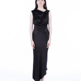 Lea Folded Neckline Sateen Dress - Black