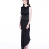 Lea Folded Neckline Sateen Dress - Black