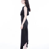 Lea Folded Neckline Sateen Dress - Black